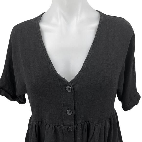 Urban Outfitters Black Linen Short Sleeve V-neck Button Down Mini Shirt Dress XS - Picture 3 of 5